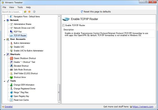 Windows用フリーソフト『Winaero Tweaker』のスクリーンショットです。