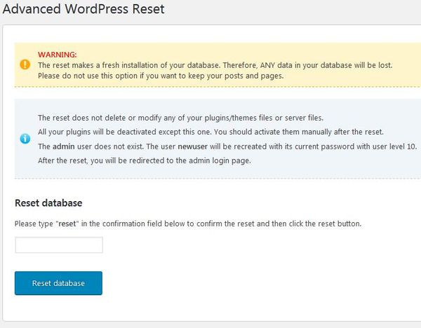 WordPressプラグイン「Advanced WordPress Reset」のスクリーンショット
