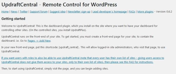 WordPressプラグイン「UpdraftCentral Dashboard」のスクリーンショット